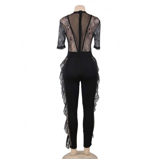 Black Lace Half-length Sleeve Jumpsuit