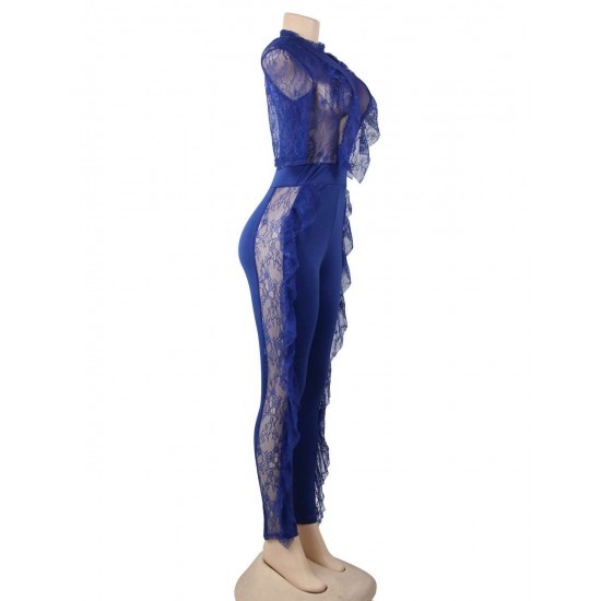 Blue Lace Half-length Sleeve Jumpsuit