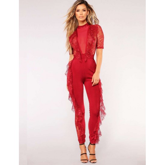 Red Lace Half-length Sleeve Jumpsuit