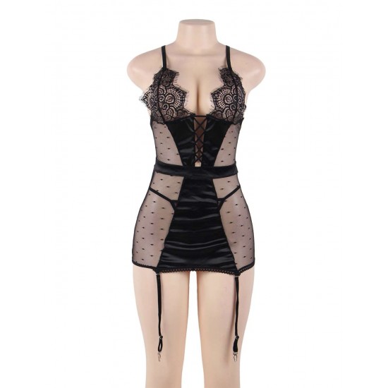 Black Deluxe Satin Lace Stitching Babydoll