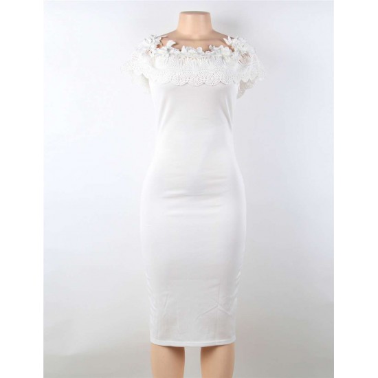 Off Shoulder Bodycon Midi Knitting Flowers White Dress