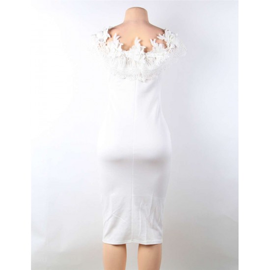 Off Shoulder Bodycon Midi Knitting Flowers White Dress