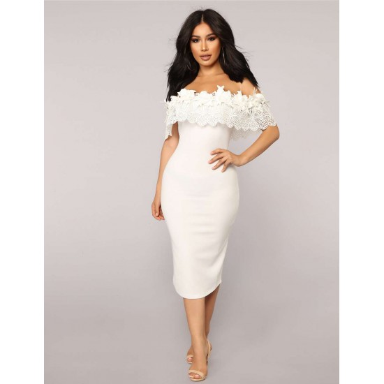 Off Shoulder Bodycon Midi Knitting Flowers White Dress