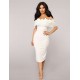 Off Shoulder Bodycon Midi Knitting Flowers White Dress