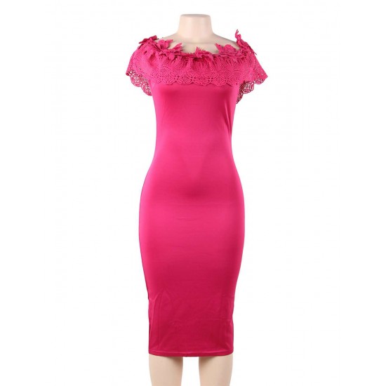 Off Shoulder Bodycon Midi Knitting Flowers Rose Red Dress