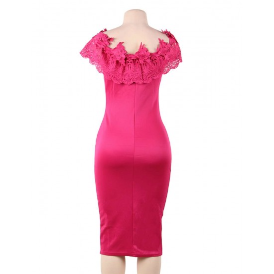 Off Shoulder Bodycon Midi Knitting Flowers Rose Red Dress