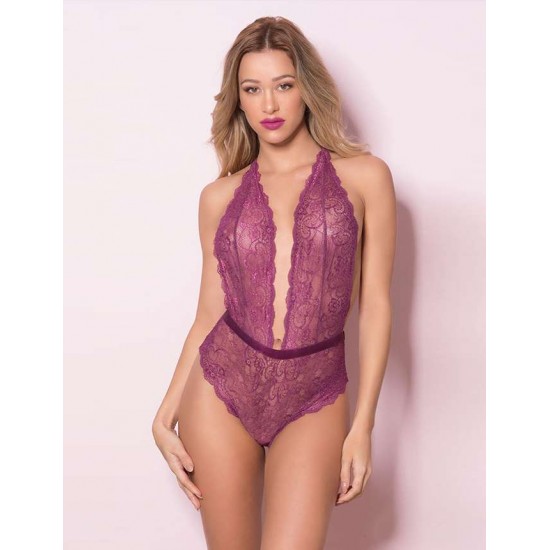 Plus Size Purple Deep V Exquisite Lace Teddy