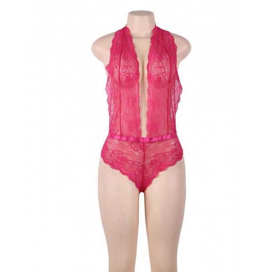 Pink Deep V Exquisite Lace Teddy