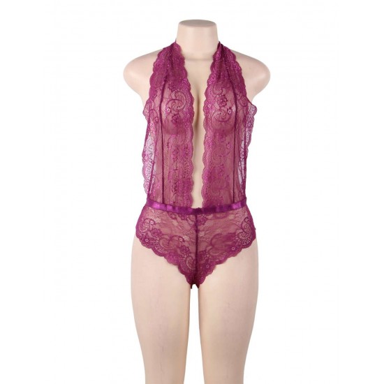 Plus Size Purple Deep V Exquisite Lace Teddy