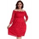 Plus Size Long Sleeve Fashion Red Lace Midi Dress