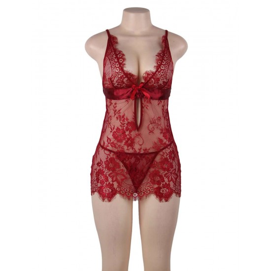 Plus Size Red Eyelash Lace Sexy Babydoll