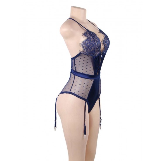 Plus Size Blue Deluxe Satin Lace Stitching Teddy