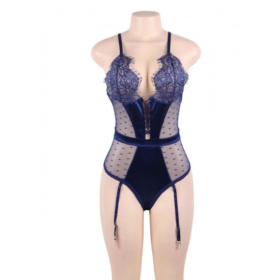 Plus Size Blue Deluxe Satin Lace Stitching Teddy