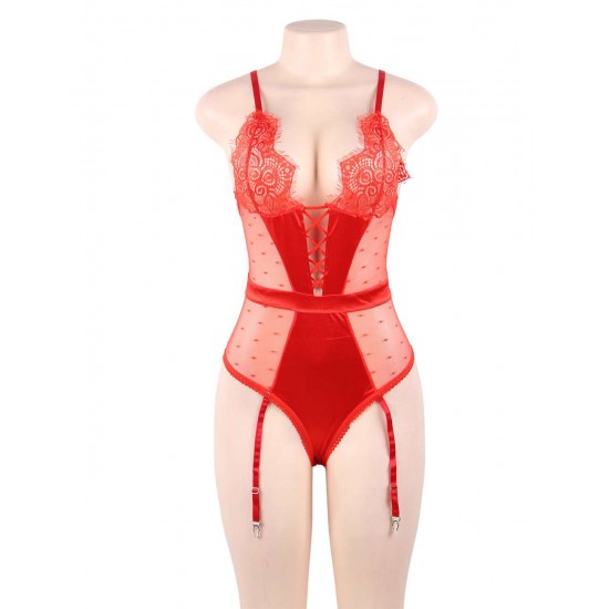 Plus Size Red Deluxe Satin Lace Stitching Teddy