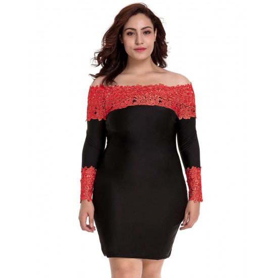 Plus Size Long Sleeve Off-Shoulder Fashion Lace Dress