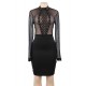 Black Perspective Lace Stitching Rivet Decorated Long Sleeve Fashion Dress