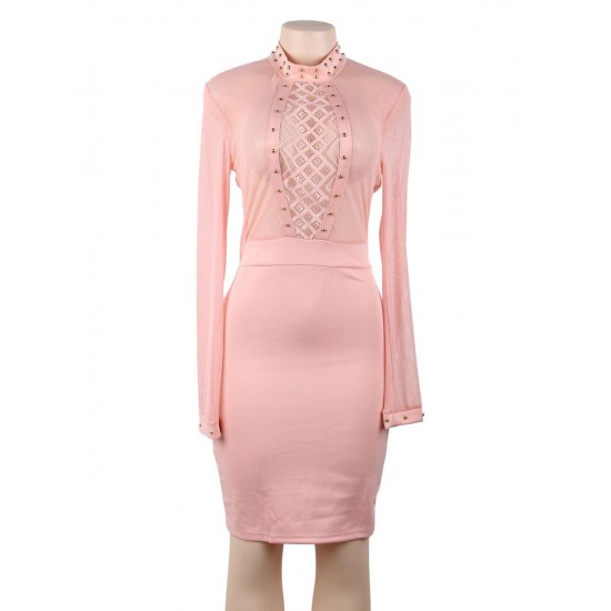 Pink Perspective Lace Stitching Rivet Decorated Long Sleeve Fashion Dress