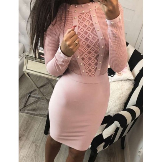 Pink Perspective Lace Stitching Rivet Decorated Long Sleeve Fashion Dress