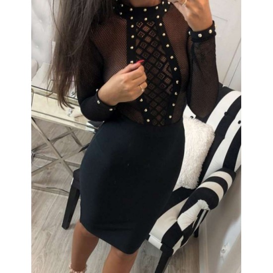 Black Perspective Lace Stitching Rivet Decorated Long Sleeve Fashion Dress