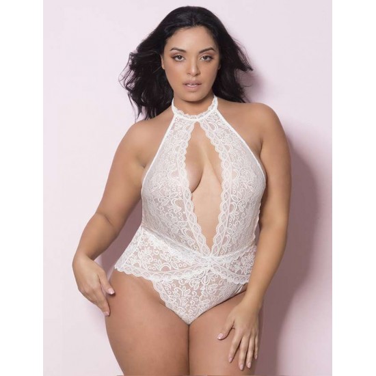 Plus Size White Exquisite Lace Open Cup Teddy