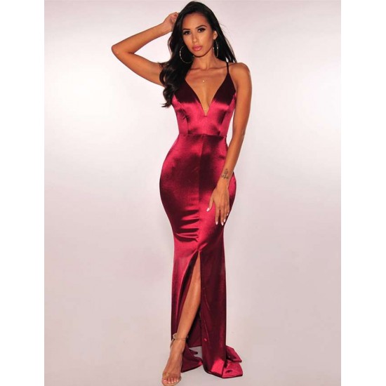 Dark Red Elegant Halter Satin Slim Maxi Dress