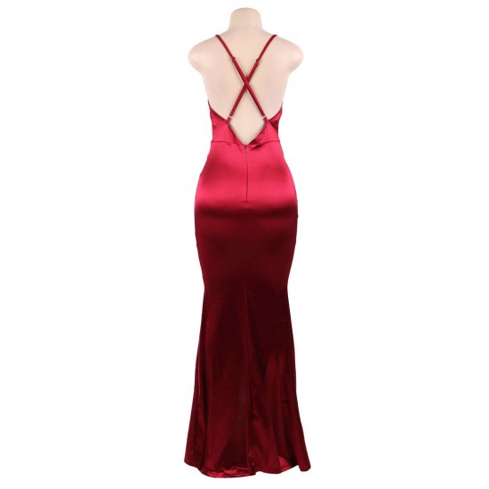 Dark Red Elegant Halter Satin Slim Maxi Dress