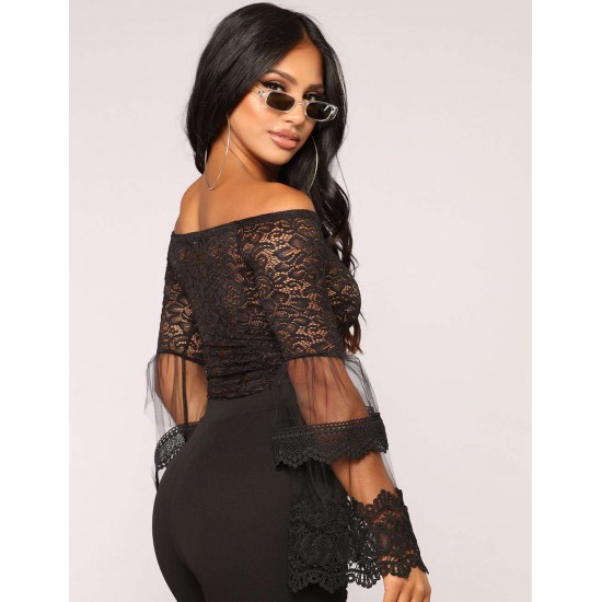 Black Lace Stitching Long Sleeve Sexy Teddy