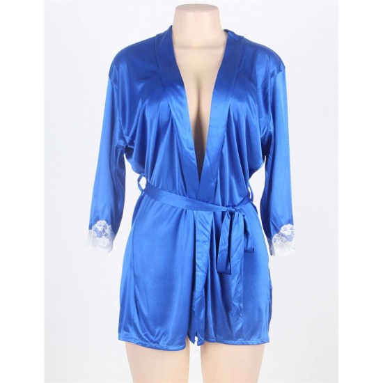 Blue Silky Home Pajamas With Waist Belt