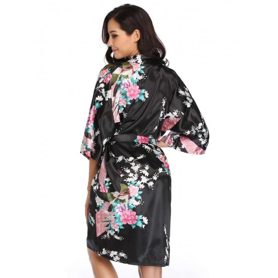  Flower And Bird Short Kimono Black Satin  Wrap  Pajamas 