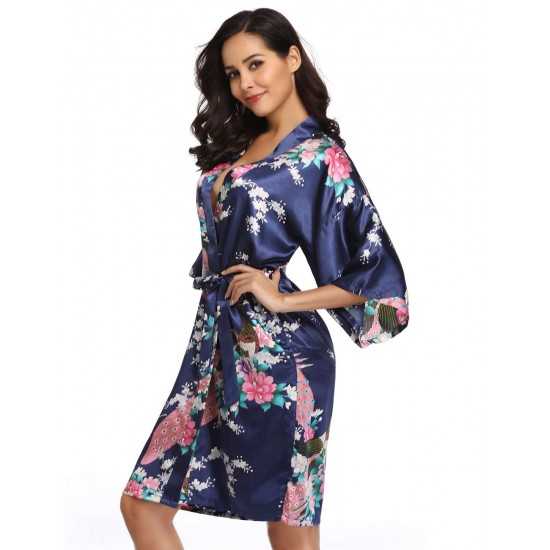  Flower And Bird Short Kimono Dark Blue Satin  Wrap  Pajamas 