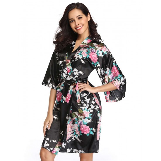  Flower And Bird Short Kimono Black Satin  Wrap  Pajamas 