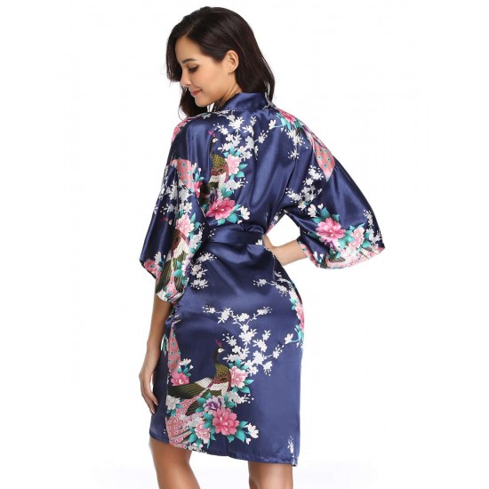  Flower And Bird Short Kimono Dark Blue Satin  Wrap  Pajamas 