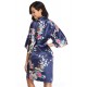  Flower And Bird Short Kimono Dark Blue Satin  Wrap  Pajamas 