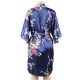  Flower And Bird Short Kimono Dark Blue Satin  Wrap  Pajamas 