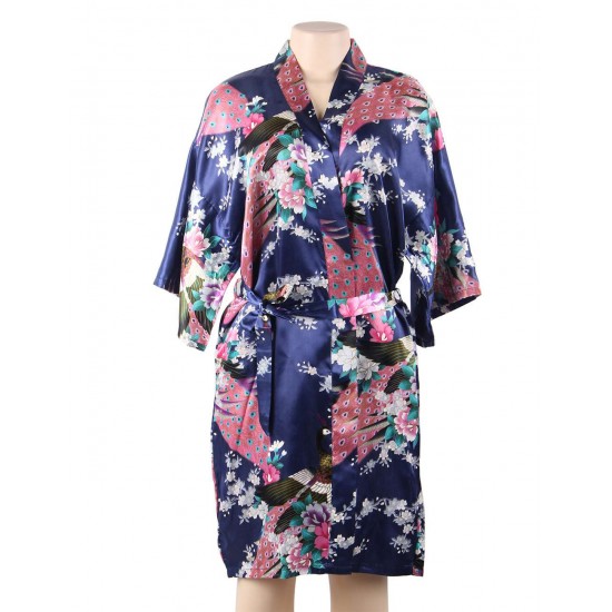  Flower And Bird Short Kimono Dark Blue Satin  Wrap  Pajamas 