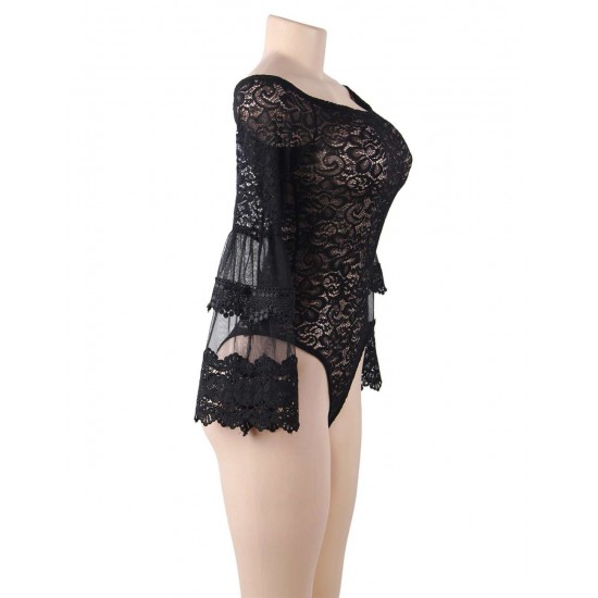 Black Lace Stitching Long Sleeve Sexy Teddy