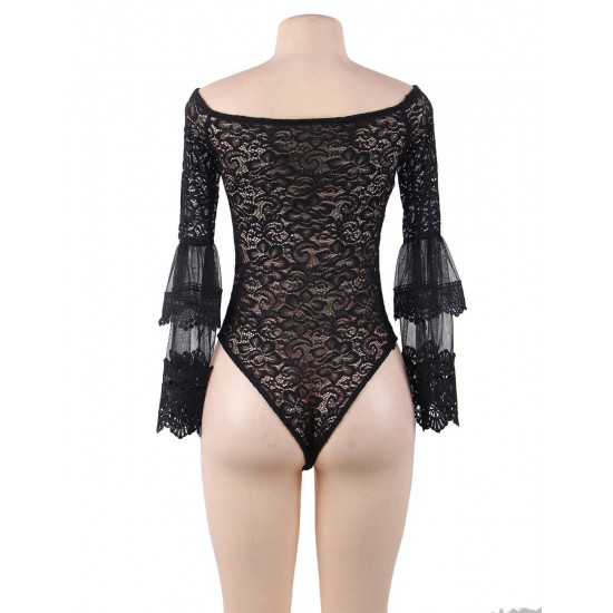 Black Lace Stitching Long Sleeve Sexy Teddy