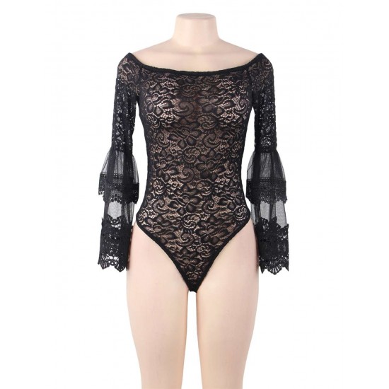 Black Lace Stitching Long Sleeve Sexy Teddy