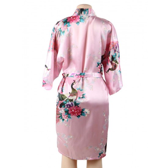  Flower And Bird Short Kimono Pink Satin  Wrap  Pajamas 