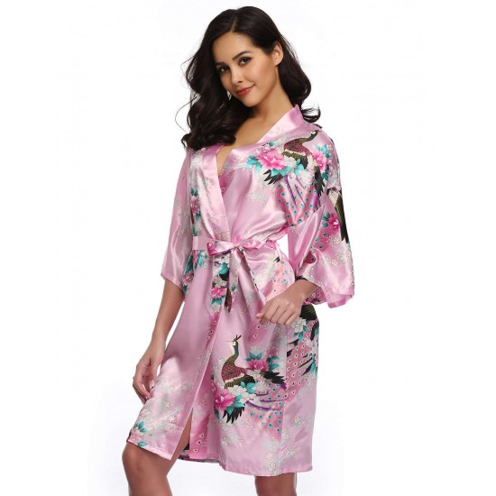  Flower And Bird Short Kimono Pink Satin  Wrap  Pajamas 