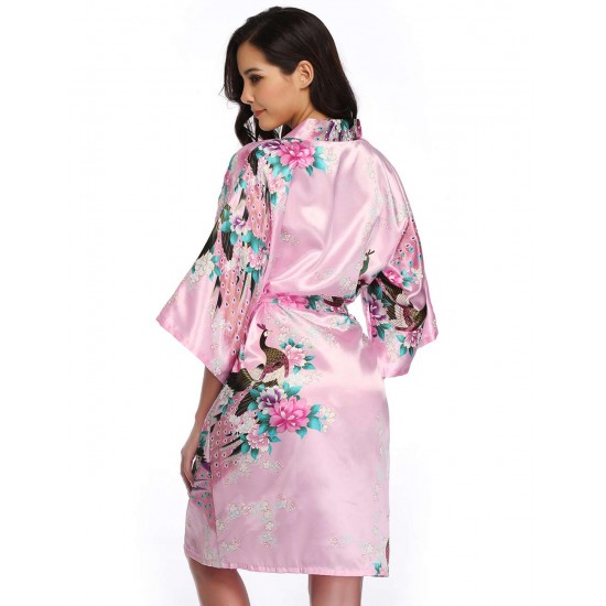  Flower And Bird Short Kimono Pink Satin  Wrap  Pajamas 