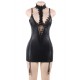 Plus Size Black Leather Exquisite Lace Choker Neck Chemise