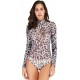 Leopard Long Sleeve Turtleneck Mesh Bodysuit For Women