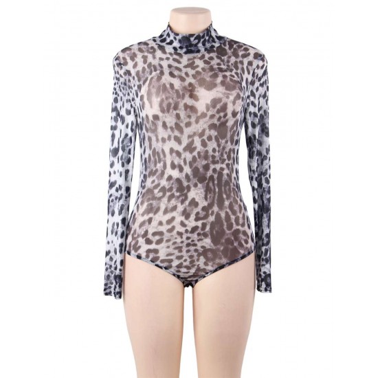 Leopard Long Sleeve Turtleneck Mesh Bodysuit For Women