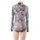 Leopard Long Sleeve Turtleneck Mesh Bodysuit For Women