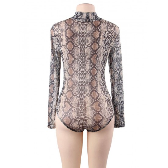 Snake Long Sleeve Turtleneck Mesh Bodysuit For Women