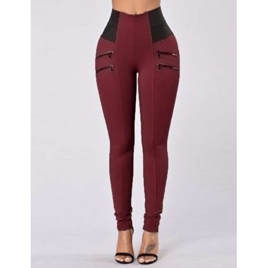 Elastic Thin Leg Zipper Design Leggings Solid Mid-calf Leggings Pants