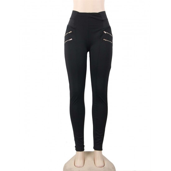 Elastic Thin Leg Zipper Design Leggings Solid Mid-calf Leggings Pants