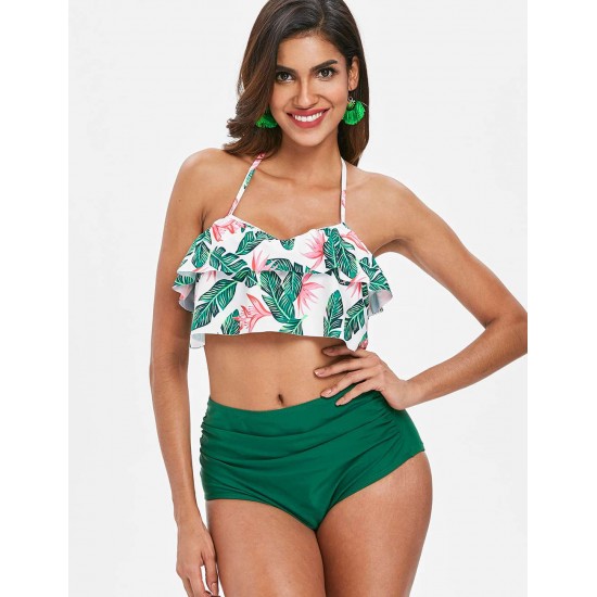 High Waist Green Floral Print Sexy Ruffled Summer Women's Bikini Set