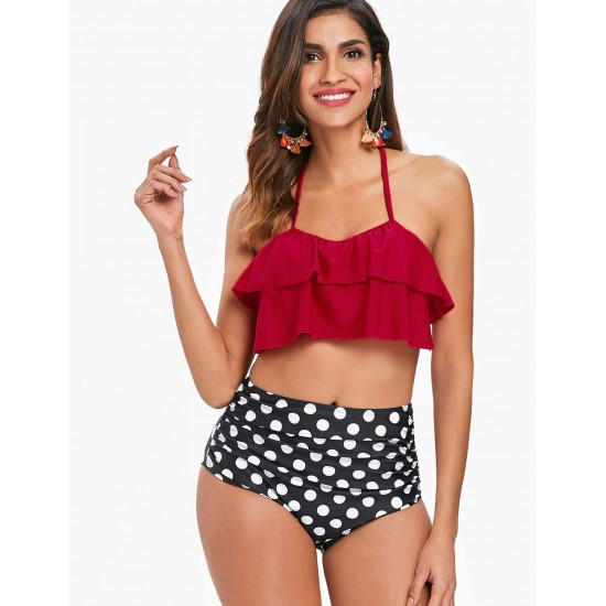 High Waist Polka Dot Print Sexy Ruffled Summer Women's Bikini Set